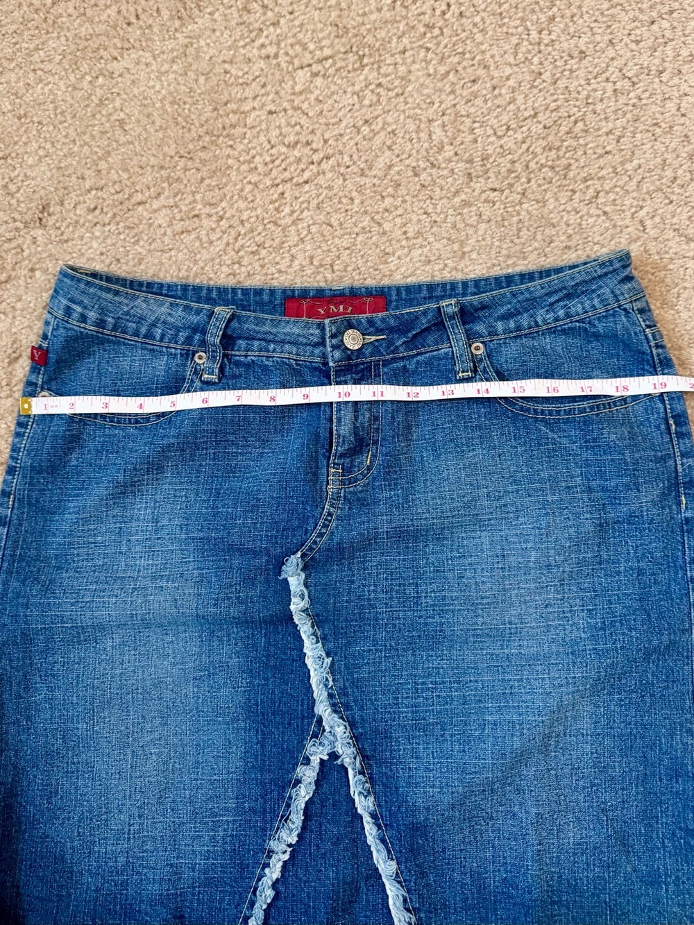 YMI Y2K Mid Length Patched-Frayed Denim Faded Skirt- Juniors Size 13 - Picture 13 of 15